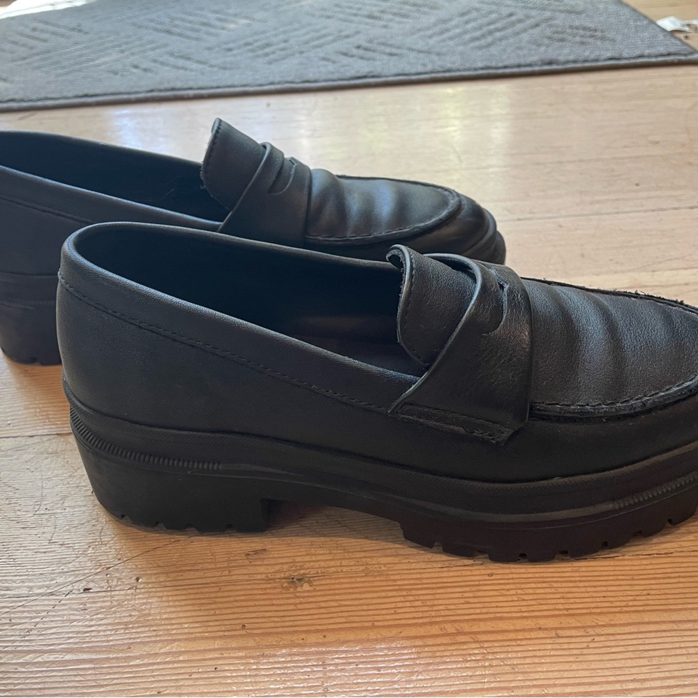 Portland Leather Zoe Chunky Lug Sole Black Platform Loafers 7.5